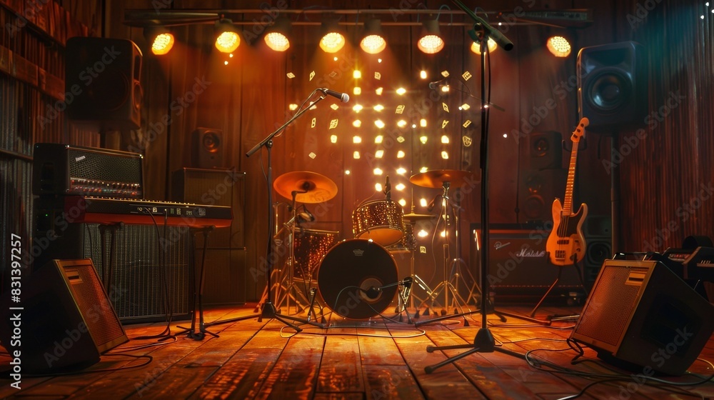Aufkleber a room filled with an array of guitars illuminated by vibrant lights, creating a visually captivatin