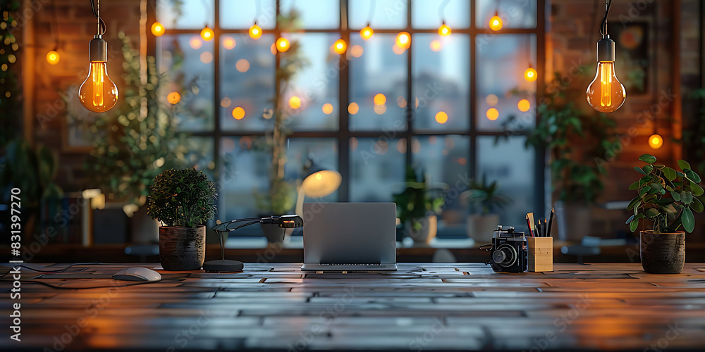 Poster closeup of a blurred desk in a workplace with blurry objects and soft lighting macro photography and