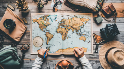A person is drawing a map of the world with a pen