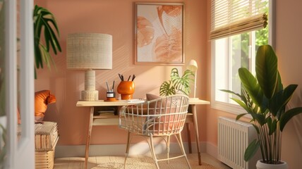 Uplifting home office decorated with Apricot Crush items, including a chair, lamp, and accessories
