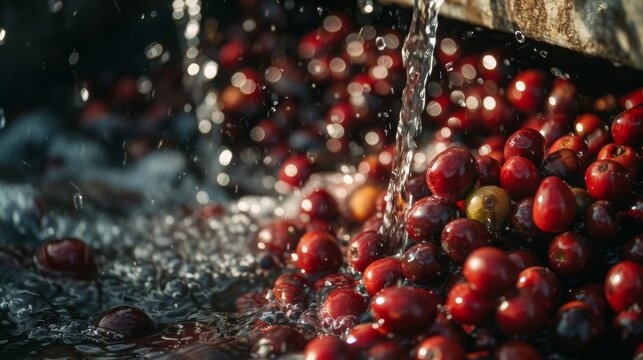 Freshly harvested coffee cherries are being thoroughly washed with flowing water outdoors during the day, ensuring cleanliness before processing.