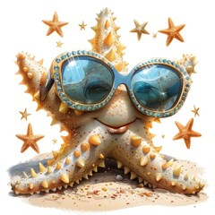 A cartoon star wearing sunglasses and standing on a beach. The sunglasses are blue and sparkly. The star is smiling and he is enjoying the beach