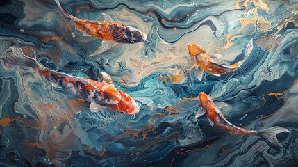 Abstract fluid expression koi fish swimming in water, Asian feng shui illustration, Aesthetics colorful nature inspirational tenderness illustration, oil paint, Wall decoration photo, Generated AI.