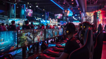 Diverse group of friends sitting together, immersed in a video game competition, with controllers in hand and focused expressions.
