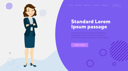 Obraz premium Happy female office worker with folded hands flat vector illustration. Businesswoman in formal wear. Business, work, office concept for website design, landing page