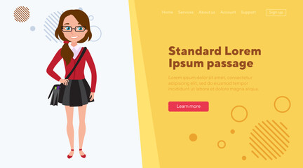 Happy schoolgirl in glasses and with cross-body bag. Smiling girl in school uniform. Back to school and education concept for banner, website design, landing page