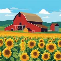 Countryside barn surrounded by sunflowers