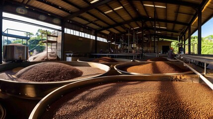 A large quantity of coffee beans stored in a warehouse, filling the space with their rich aroma and providing a glimpse into the world of coffee production.