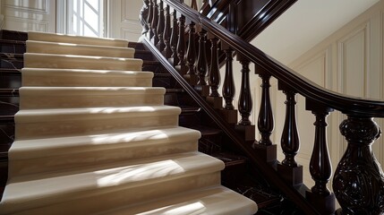 A grand staircase with a classic design, featuring a handrail of dark, polished wood and steps covered in plush, cream-colored carpet