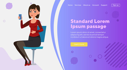 Office employee using mobile phone. Asian female character sitting in chair and talking on smartphone. Vector illustration. Business, communication, technology concept for website design, landing page