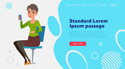 Office employee using smartphone. Female character sitting in chair and talking on mobile phone. Vector illustration. Business, communication, technology concept for website design, landing page