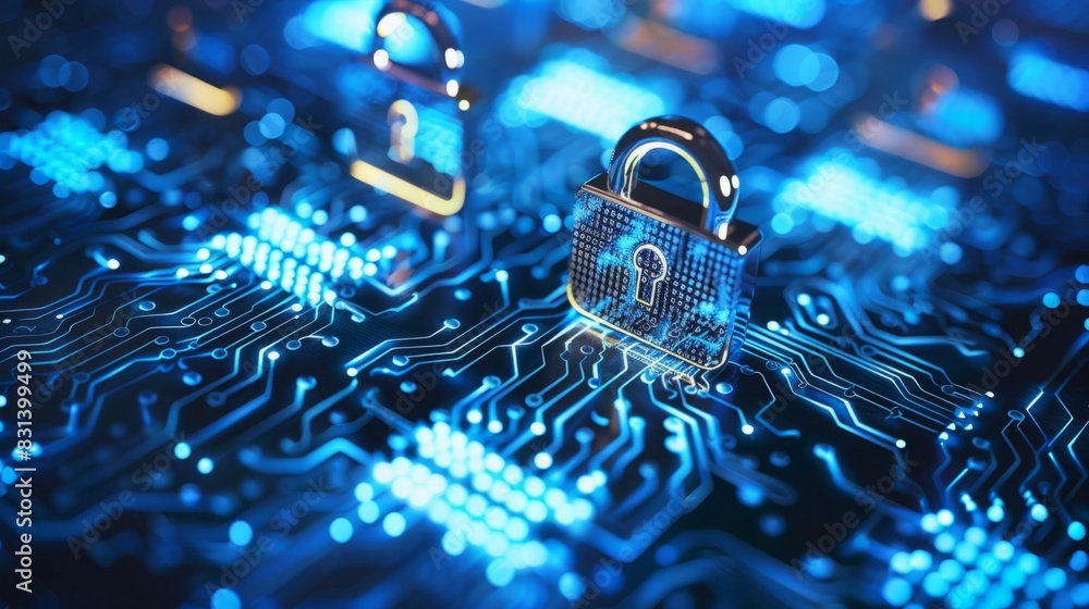Aufkleber A metal lock is securely fastened on top of a computer circuit board, symbolizing data security and protection.
