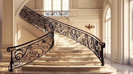 A grand staircase with an elegant, wrought-iron railing featuring a vine and leaf motif