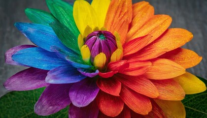 macro photo of a flower close up with petals painted in the colors of the LGBT flag, queer lgbtqia pride month