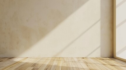 A large empty room with a wooden floor and a window. The room is very plain and empty, with no furniture or decorations. The sunlight coming in through the window casts a warm glow on the wooden floor