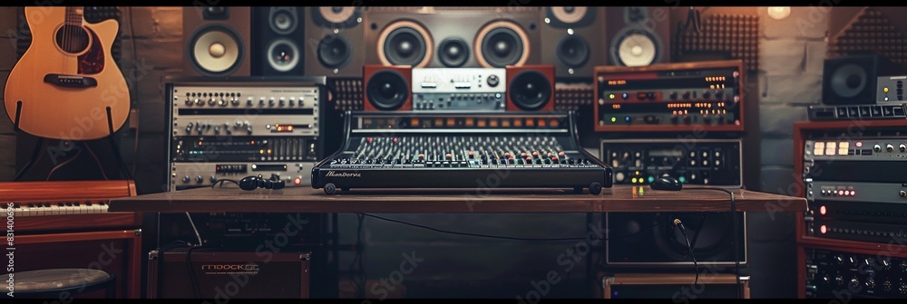 Poster an eclectic room filled with various musical instruments and sound equipment, creating an artistic a