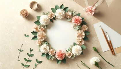 Fototapeta premium Image featuring an origami paper design of carnations, flowers, and green leaves arranged in a round circle frame on a beige ivory floral background