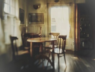 Fototapeta premium A room with a table and chairs, and a window with a curtain. The room has a vintage feel to it