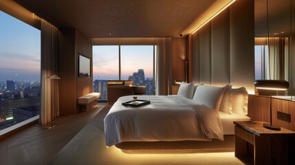 A bedroom overlooking the city skyline with tall buildings and illuminated streets visible through a large window.