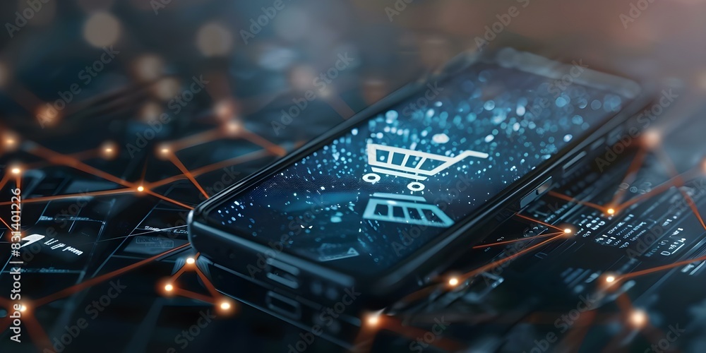 Poster smartphone with shopping cart icon on logistic background symbolizing online shopping and delivery. 