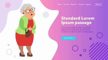 Senior woman with hairstyle and bag flat vector illustration. Grandmother in glasses. Senior person, old age, retirement concept  for banner, website design or landing page