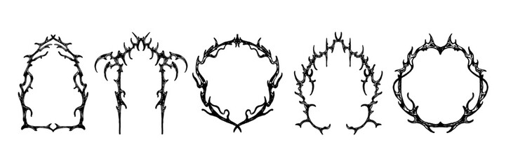 Gothic frame vector set, Neo tribal fantasy branches border, dark baroque vintage design element. Retro futuristic ornament, decoration symmetric y2k swirl, black arch. Gothic frame print collection
