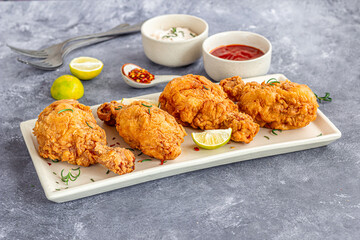 Crispy Fried Chicken Drumsticks with Condiments Low Angle Close Up Photo