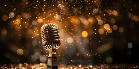 The Glittery Microphone Sparkles on Stage, Embracing Its Inner Diva under the Spotlight. Concept Glittery Microphone, Stage Presence, Embracing Diva, Spotlight Drama, Sparkling Performance