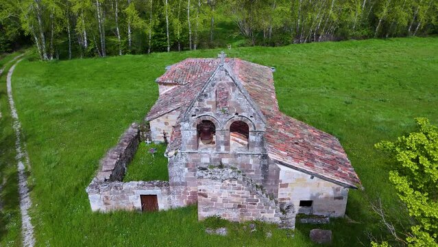 Aerial view from a drone of the Nuestra Se&ntilde;ora Church. of the Asunci&oacute;n in the town of Santa Mar&iacute;a de Hito in the municipality of Valderredible. Cantabria. Spain. Europe