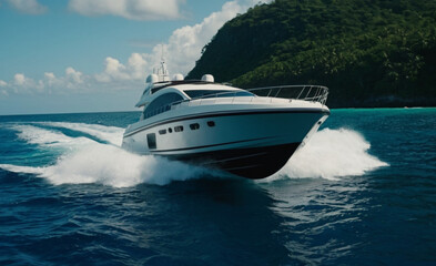 Modern Luxury Yacht Gliding Through Crystal Blue Waters with Scenic Green Mountains in the Background