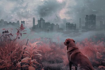 Lone dog gazes at a dystopian city amid a dreamlike crimson wilderness