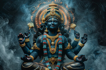 Indian Goddess Kali Maa with Multiple Arms and Traditional Ornaments in Mystical Smoke.