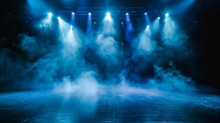 Empty stage with smoke and blue spotlights on black background. Wide angle lens realistic...