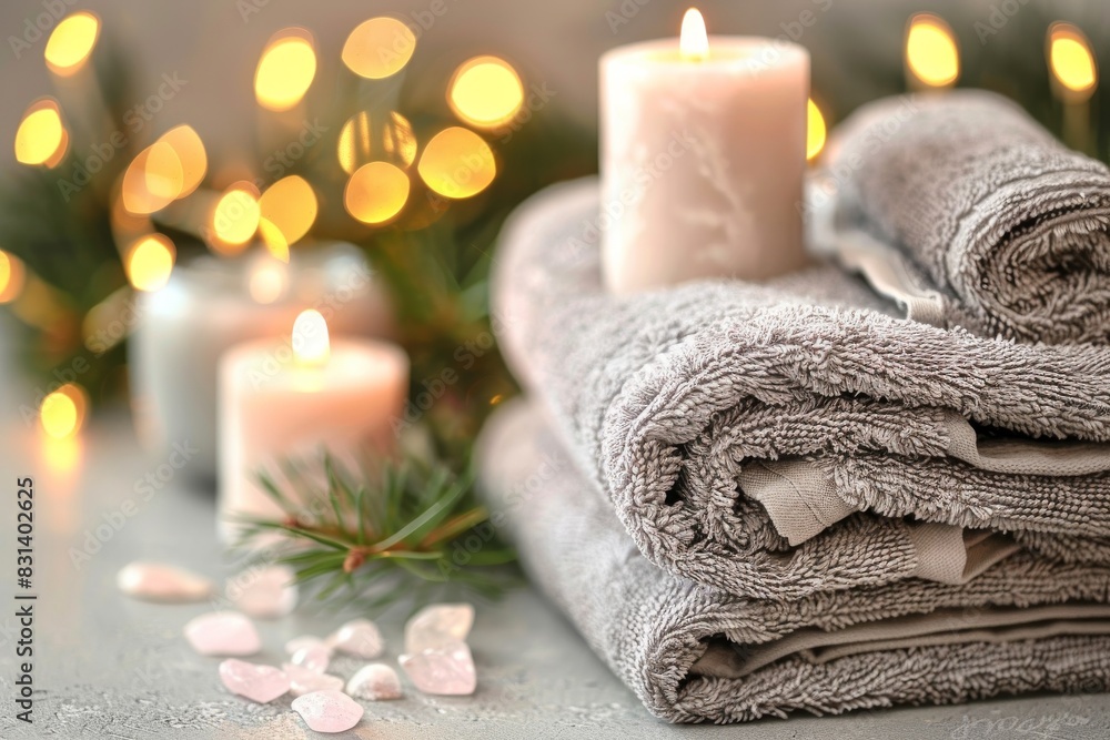 Poster serene spa setting with lit candles and plush towels, creating a tranquil and inviting atmosphere fo