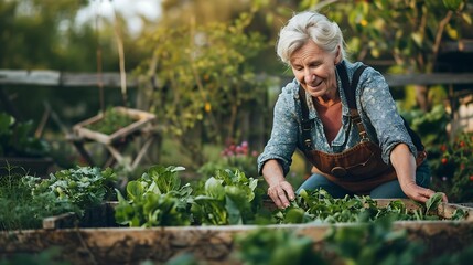 A elderly white old woman working in the garden. sitting on her knees and planting seeds in the earth. Leisure activities for the elderly
