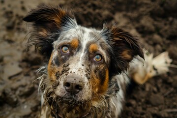 Portrait of a dirty australian shepherd looking at the camera with multicolored eyes, after playing in mud