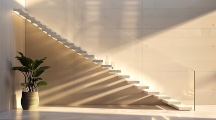 A minimalist staircase with a hidden LED strip and a floating glass balustrade