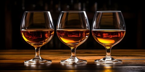 Three wine glasses filled with amber liquid lined up in a row: a close-up shot. Concept Food Photography, Close-up Shots, Wine Glasses, Amber Liquid, Still Life