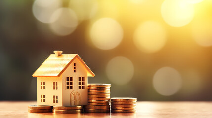 House model and pile of coins, real estate concept
