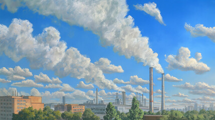 Industrial plant with smoke stacks under a blue sky, environmental pollution concept, World Environment Day, environment protection