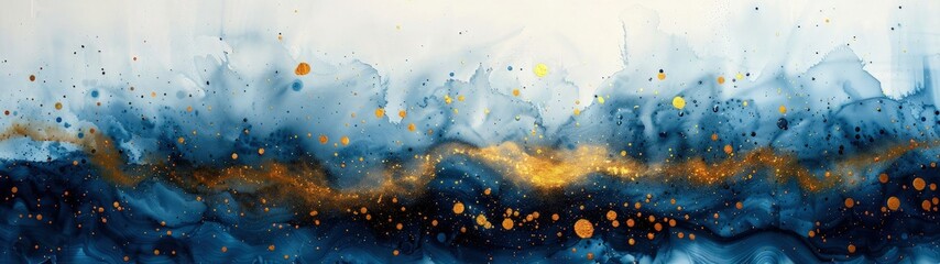 Dark blue watercolor painting with gold splashes, best for abstract backgrounds.