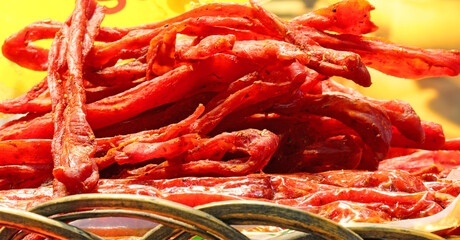 Dried spiced strips of meat with fennel seeds called COPPIETTE a typical dish from Central Italy...