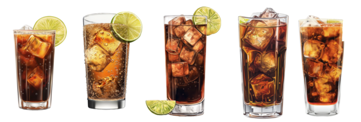 A row of six tall glasses of soda with ice and lime wedges. The glasses are lined up next to each other, isolated transparent background