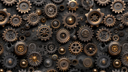 A seamless pattern of gears, cogs, and mechanical parts in a steampunk-inspired design with a modern twist