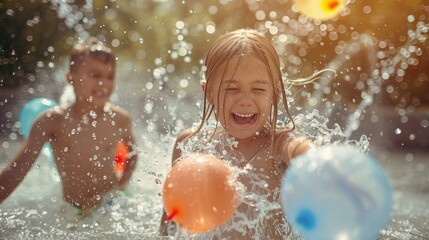Obraz premium Playful children under water jets and in a water balloon fight, creating joyful summer memories