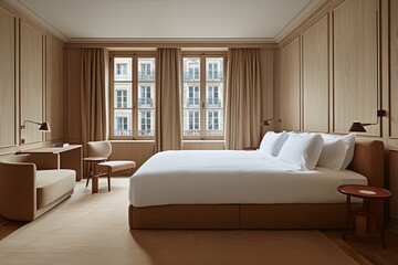Fototapeta premium Classic hotel suite with large windows, city view, and elegant furnishings in a warm, inviting atmosphere perfect for a comfortable urban retreat or business stay