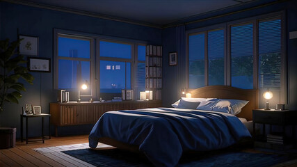Obraz premium dark bedroom at night, there is a nightstand next to the bed, a starry night outside the window