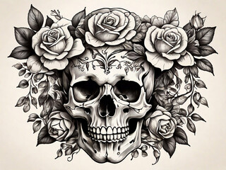 Skull and flowers hand drawn illustration Tattoo vintage print Skull and roses with black