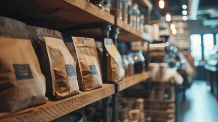 Shelves in a cozy, modern cafe adorned with various packaged coffee bags, illuminated by soft daylight. Other coffee-related accessories and decor items are also visible.