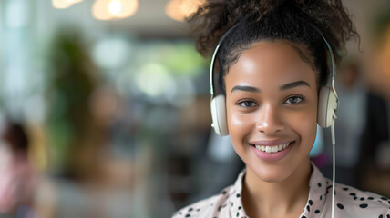 Obraz premium a cheerful customer service representative wearing a headset and smiling at the camera, with a blurred office backgroun
